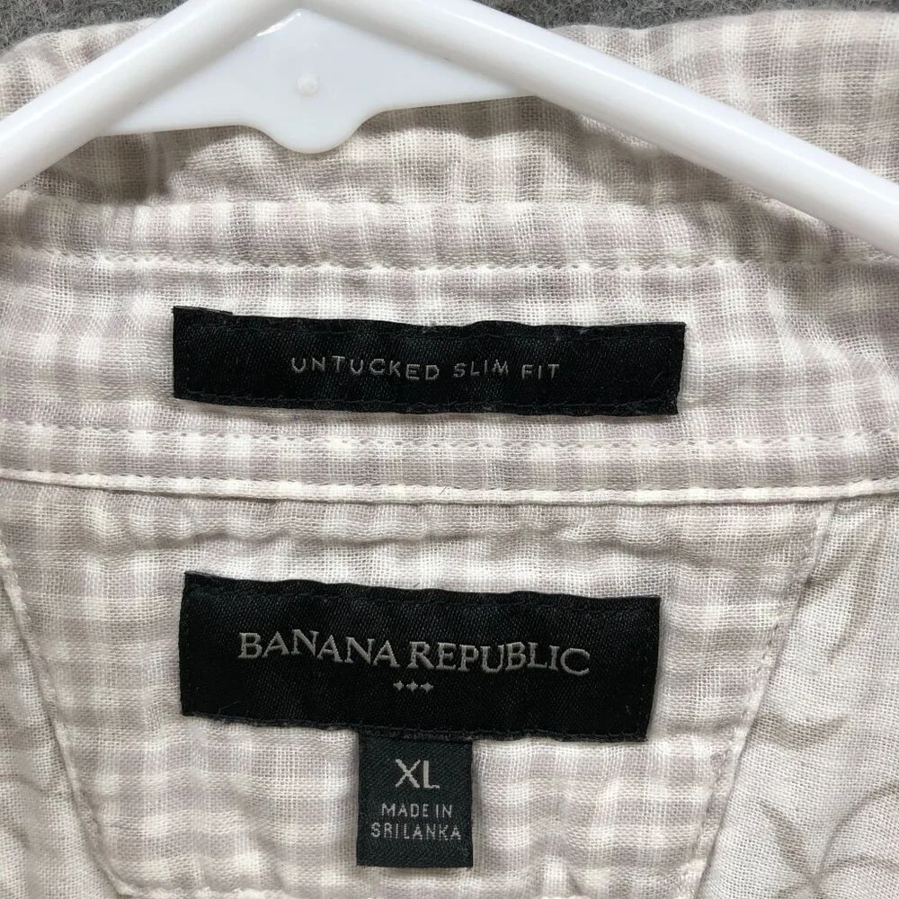 Banana Republic Untucked Slim Fit Double Cloth Shirt Mens XL Beige White Gingham